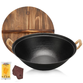 WANGYUANJI 14.2 Handmade Wok, Cast Iron Wok Pan, Large Flat Bottom Wok Stir With Dual Handle And Wooden Lid, Suitable For All Cooktops, Uncoated Chine