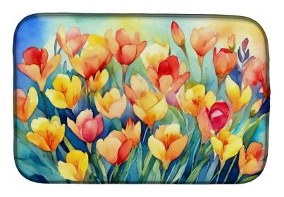 Freesias in Watercolor Dish Drying Mat Absorbent Dish Drying Mat Pad for Kitchen Counter Dish Drainer Mat for Countertop, 14 x 21", Multicolor