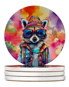 Hippie Animal Raccoon Large Sandstone Coasters Pack of 4 Absorbent Round Coasters Decor Gifts for Men or Women, 4 in, Multicolor