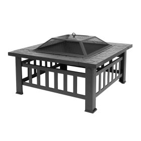 32 Inch Multifunctional Fire Pit Table  Square Metal Firepit Stove Backyard Patio Garden Fireplace For Camping, Outdoor Heating, Bonfire And Picnic